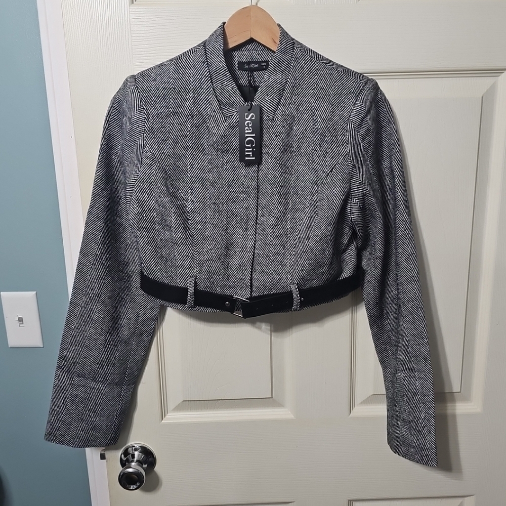 SealGirl Black/White‎ Herringbone Cropped Belted Jacket Women's Small NWT